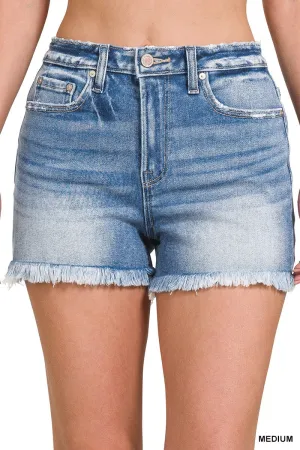Zenana Mid Rise Fray Hem Denim Shorts