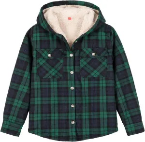 ZENTHACE Girls Hooded Plaid Flannel Shirt Jacket with Hand Pockets,Sherpa Lined Button Down Flannel Shacket Jacket