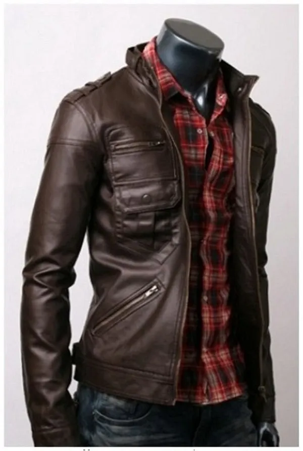 zip pocket brown leather jacket