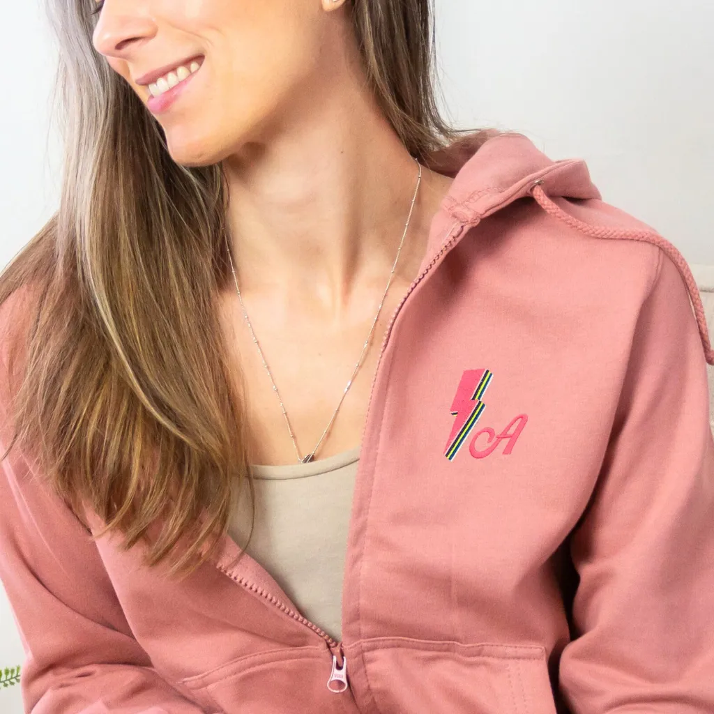 Zipped Rainbow Bolt Hoodie in Dusty Green
