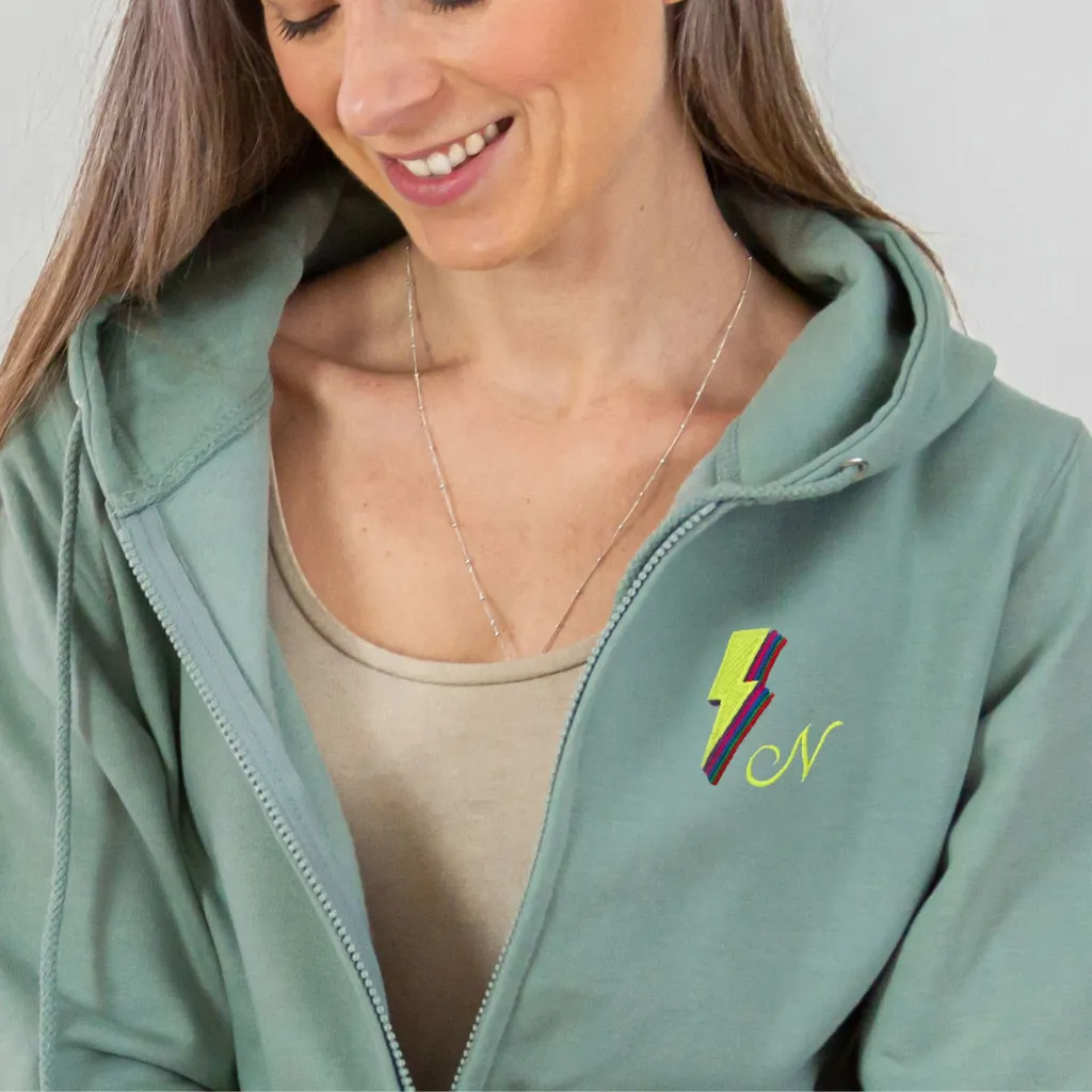 Zipped Rainbow Bolt Hoodie in Dusty Green